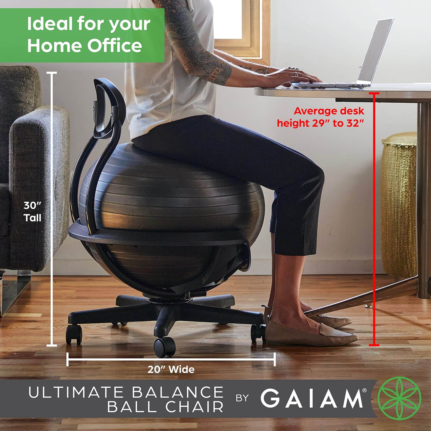 Gaiam Ultimate Balance Ball Chair - Premium Exercise Stability Yoga Ball Ergonomic Chair for Home and Office Desk with Reinforced Base, Air Pump, Exercise Guide, Black - zenfulharmony.com