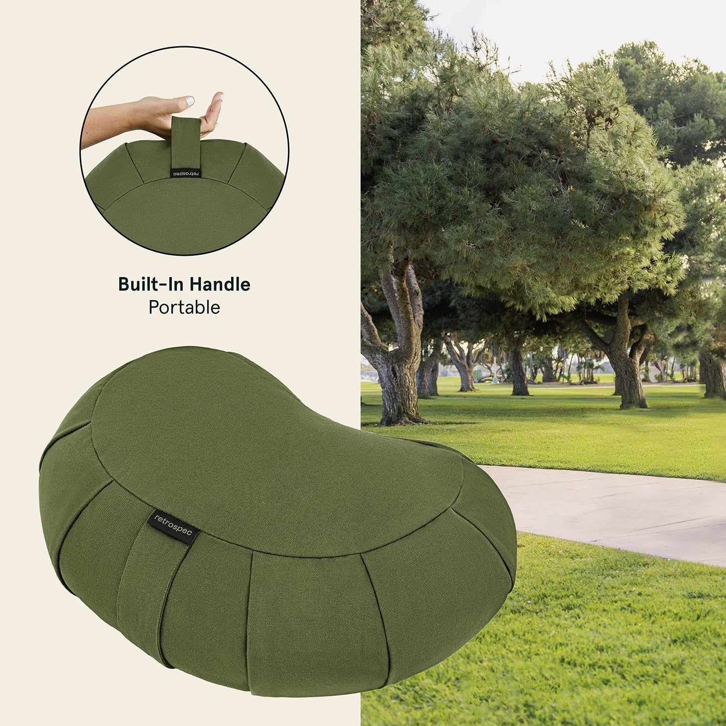Retrospec Sedona Zafu Meditation Cushion Filled w/Buckwheat Hulls - Yoga Pillow for Meditation Practices - Machine Washable 100% Cotton Cover & Durable Carry Handle; Crescent, Basil - zenfulharmony.com