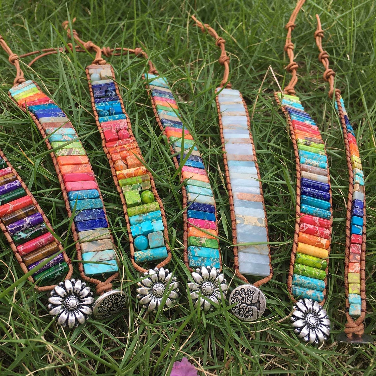 sedmart 7 Chakra Bracelets for Women with Real Stones Leather Wrap Healing Bead Bracelet Women Men Boho Friendship Jewelry… (Flower Button & Square Stone) - zenfulharmony.com