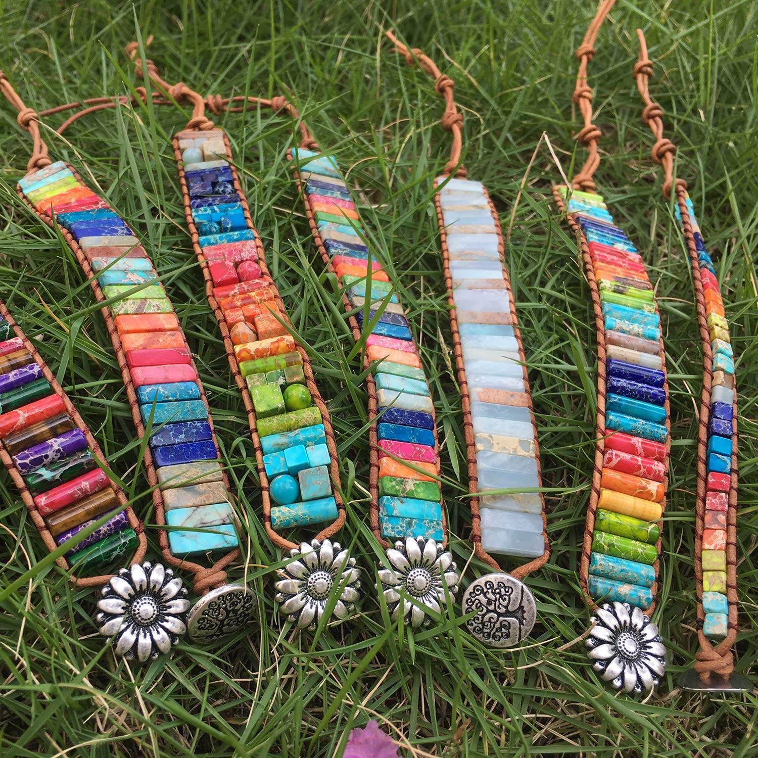 sedmart 7 Chakra Bracelets for Women with Real Stones Leather Wrap Healing Bead Bracelet Women Men Boho Friendship Jewelry… (Flower Button & Square Stone) - zenfulharmony.com
