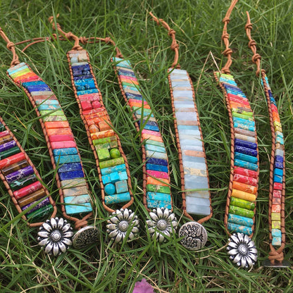 sedmart 7 Chakra Bracelets for Women with Real Stones Leather Wrap Healing Bead Bracelet Women Men Boho Friendship Jewelry… (Flower Button & Square Stone) - zenfulharmony.com