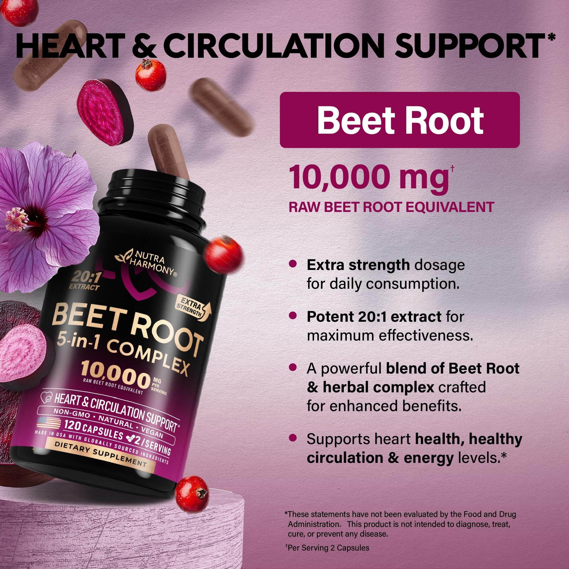 Beet Root Capsules 10000 mg - Healthy Blood Pressure Support Supplement** for Heart & Circulation Support - with Hawthorn Berry, Hibiscus & Garlic - Nitric Oxide for Energy - Made in USA, 120 Capsules - zenfulharmony.com