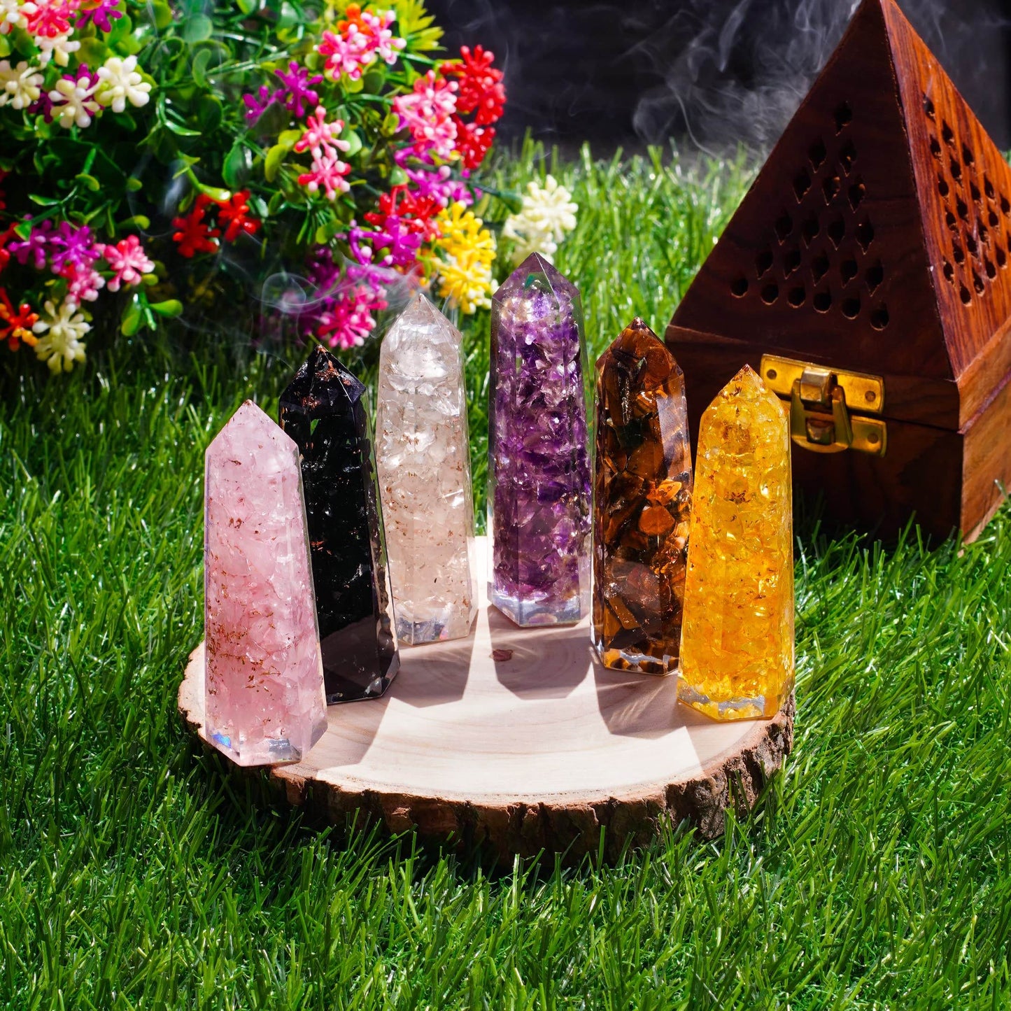 Healing Crystal Wand Set of 6 Orgonite – Includes 3” Amethyst Crystal, Tigers Eye, Rose Quartz, Black Tourmaline Stone, Citrine and Clear Quartz Orgone Crystal Plus Black Tourmaline Necklace - zenfulharmony.com
