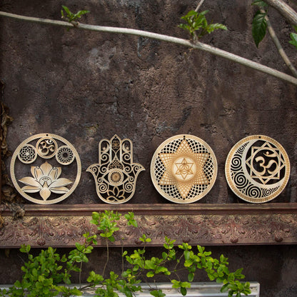 5.31" Sacred Geometry Wall Art 4 PCS Set, (Sacred Lotus, Hamsa Hand, Soul Star, Union Sun Moon) Crystal Grid Meditation Chakra Wooden Wall Art Yoga Decor Spiritual Gifts - zenfulharmony.com