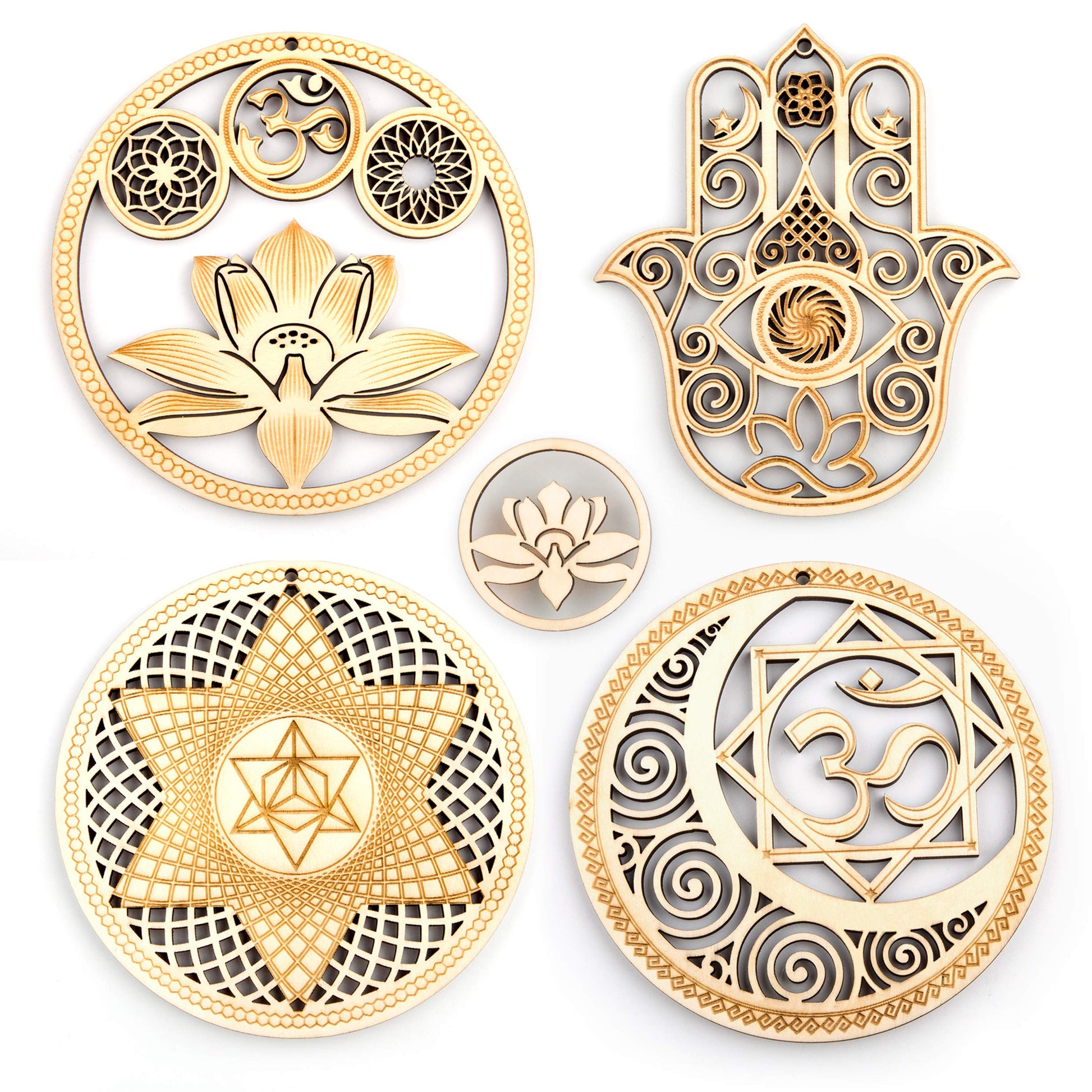 5.31" Sacred Geometry Wall Art 4 PCS Set, (Sacred Lotus, Hamsa Hand, Soul Star, Union Sun Moon) Crystal Grid Meditation Chakra Wooden Wall Art Yoga Decor Spiritual Gifts - zenfulharmony.com
