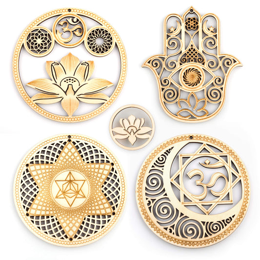 5.31" Sacred Geometry Wall Art 4 PCS Set, (Sacred Lotus, Hamsa Hand, Soul Star, Union Sun Moon) Crystal Grid Meditation Chakra Wooden Wall Art Yoga Decor Spiritual Gifts - zenfulharmony.com