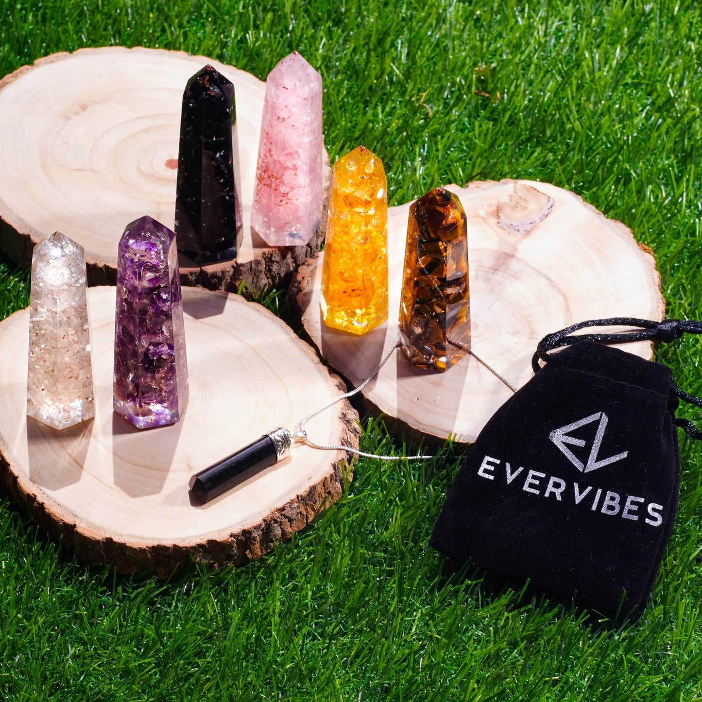 Healing Crystal Wand Set of 6 Orgonite – Includes 3” Amethyst Crystal, Tigers Eye, Rose Quartz, Black Tourmaline Stone, Citrine and Clear Quartz Orgone Crystal Plus Black Tourmaline Necklace - zenfulharmony.com