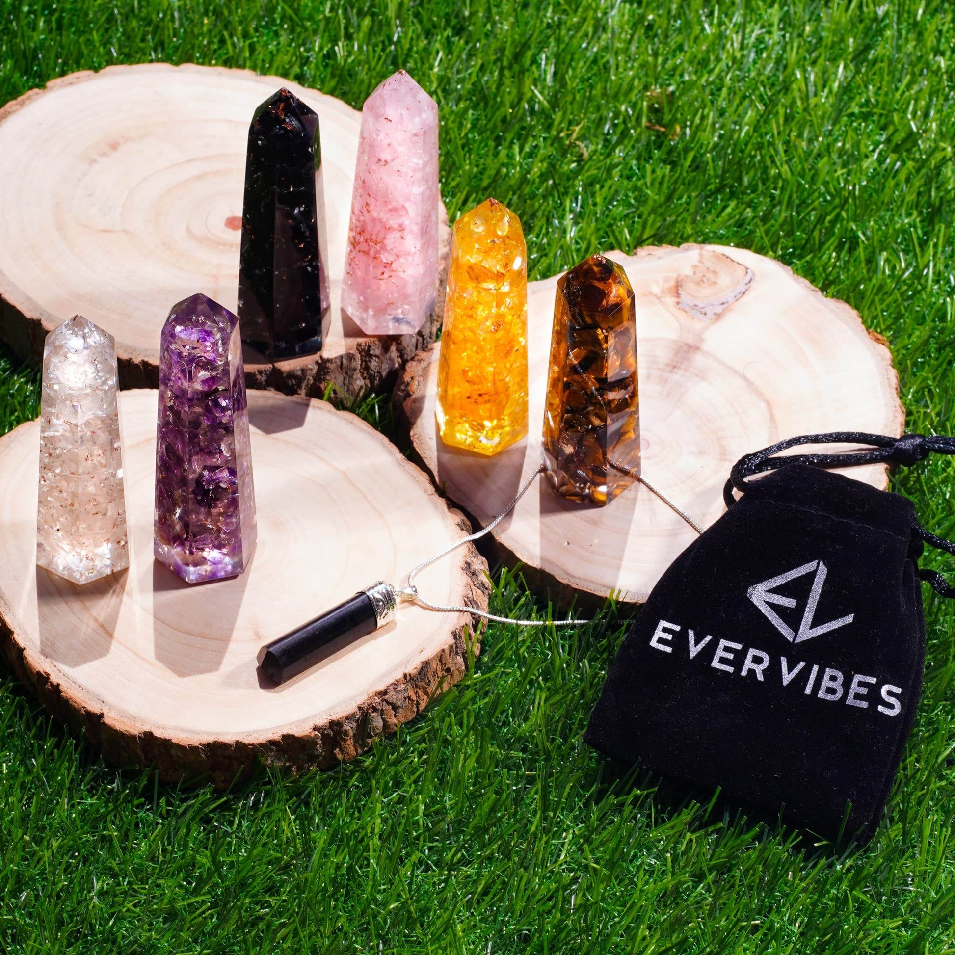 Healing Crystal Wand Set of 6 Orgonite – Includes 3” Amethyst Crystal, Tigers Eye, Rose Quartz, Black Tourmaline Stone, Citrine and Clear Quartz Orgone Crystal Plus Black Tourmaline Necklace - zenfulharmony.com
