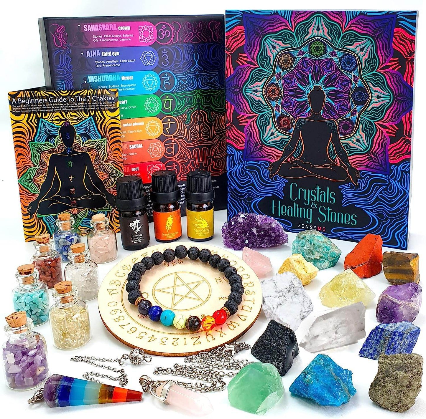 Crystals and Healing Stones Set 31Pcs - Healing Crystals & Stones - 14 Real Raw Chakra Rocks, 7 Gemstones Bottles, 3 Essential Oils,Pendant Necklace, Pendulum Board, Amethyst Cluster, Bracelet & Guide - zenfulharmony.com