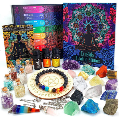 Crystals and Healing Stones Set 31Pcs - Healing Crystals & Stones - 14 Real Raw Chakra Rocks, 7 Gemstones Bottles, 3 Essential Oils,Pendant Necklace, Pendulum Board, Amethyst Cluster, Bracelet & Guide - zenfulharmony.com