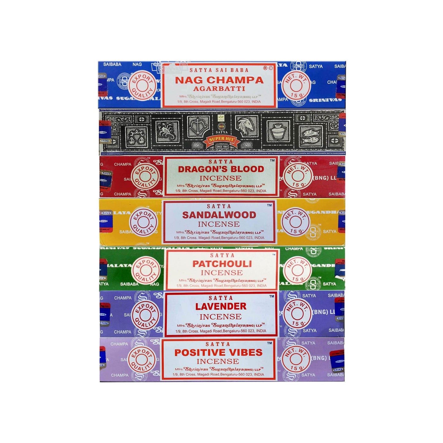 Satya Incense Gift Set Nag Champa, Super hit, Dragon's Blood, Sandalwood, Patchouli, Lavender, Positive Vibes, 15 g - zenfulharmony.com