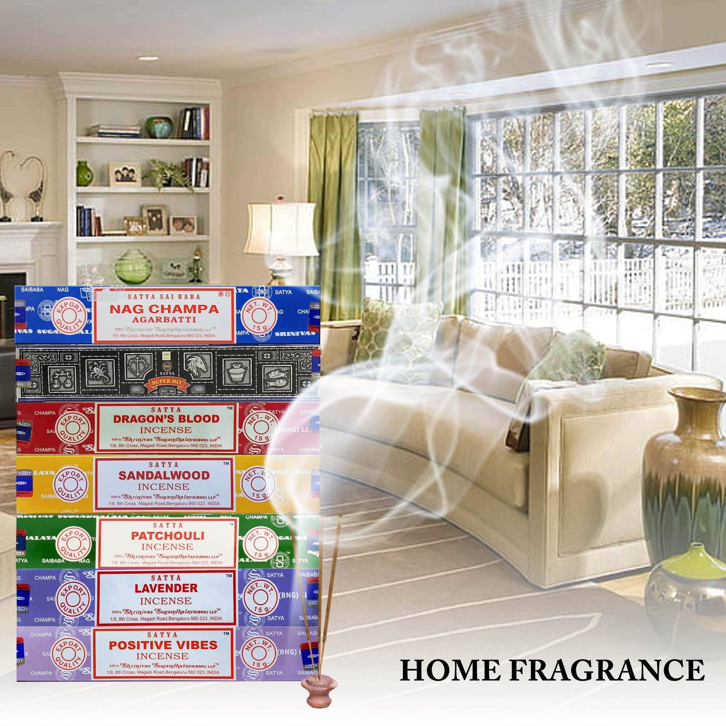 Satya Incense Gift Set Nag Champa, Super hit, Dragon's Blood, Sandalwood, Patchouli, Lavender, Positive Vibes, 15 g - zenfulharmony.com