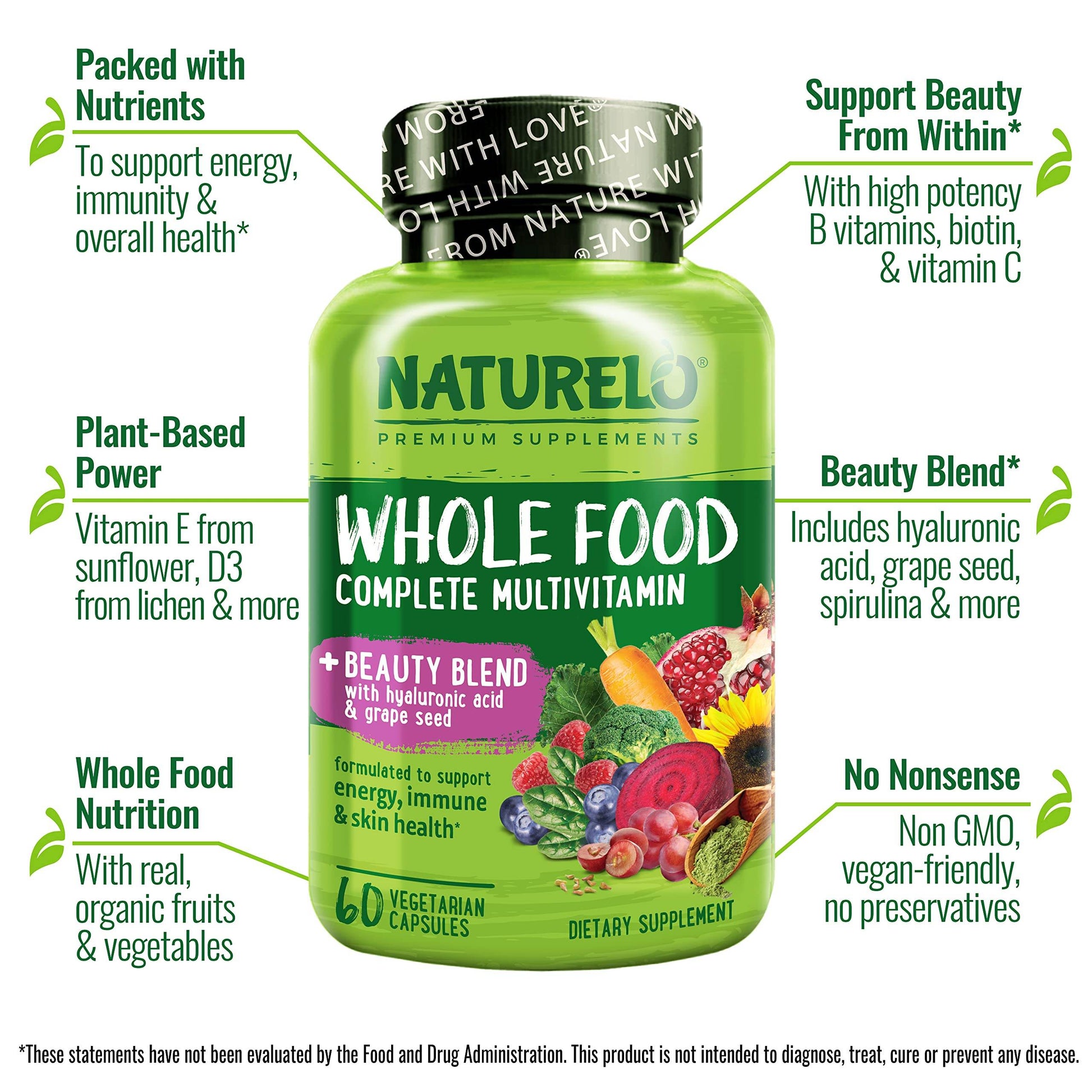 NATURELO Whole Food Beauty Multivitamin, 60 Count Collagen Peptide Powder, 45 Servings - zenfulharmony.com