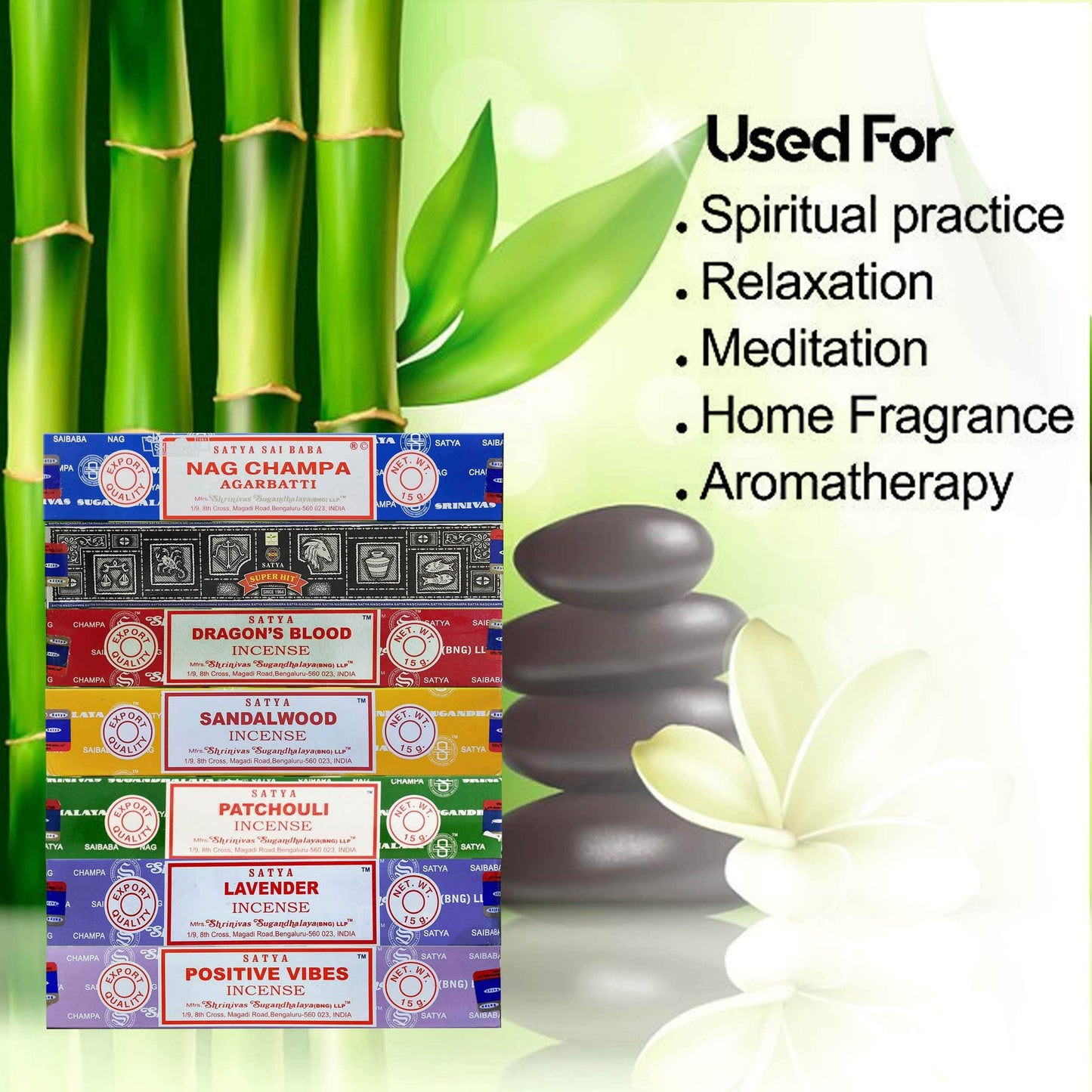 Satya Incense Gift Set Nag Champa, Super hit, Dragon's Blood, Sandalwood, Patchouli, Lavender, Positive Vibes, 15 g - zenfulharmony.com
