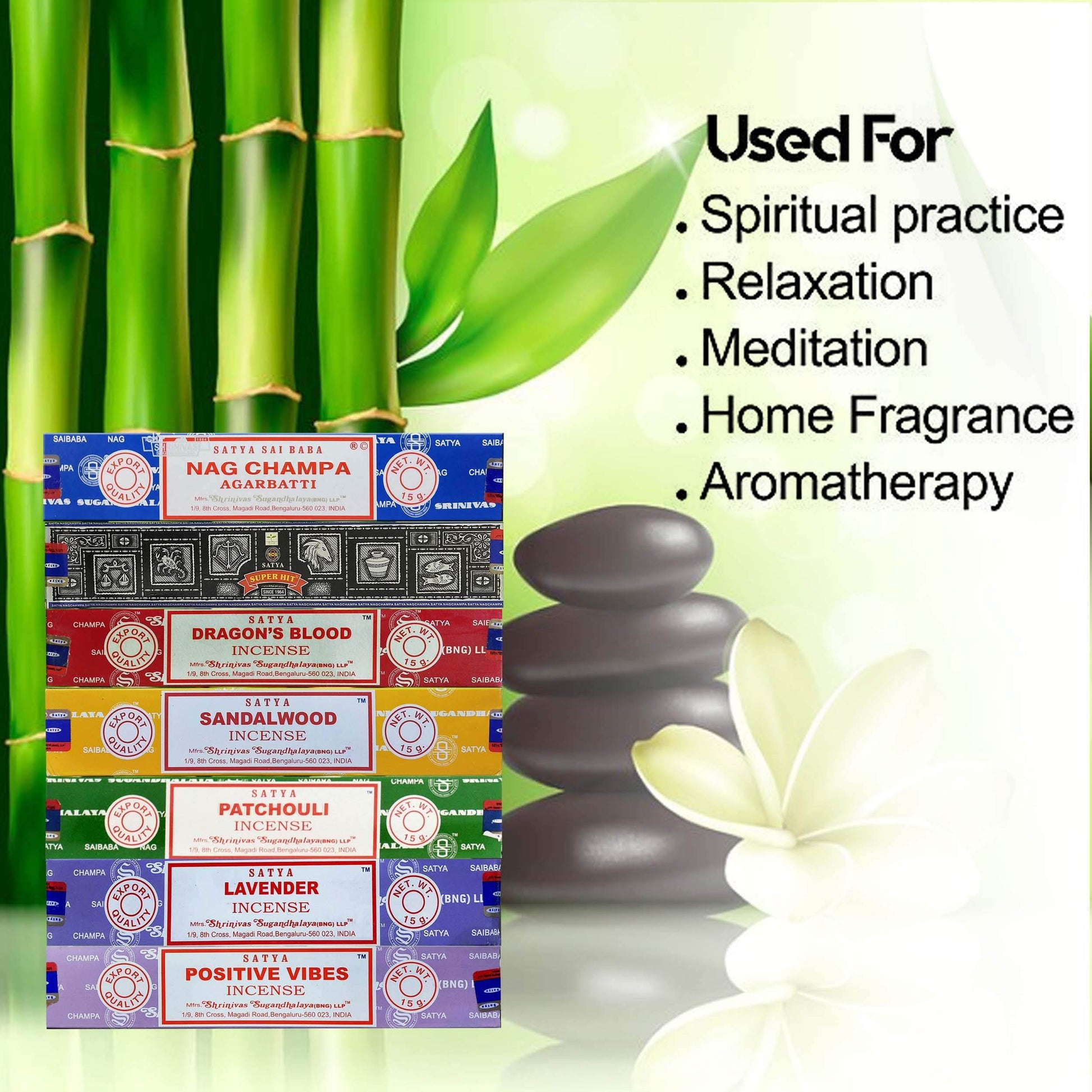 Satya Incense Gift Set Nag Champa, Super hit, Dragon's Blood, Sandalwood, Patchouli, Lavender, Positive Vibes, 15 g - zenfulharmony.com