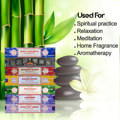 Satya Incense Gift Set Nag Champa, Super hit, Dragon's Blood, Sandalwood, Patchouli, Lavender, Positive Vibes, 15 g - zenfulharmony.com