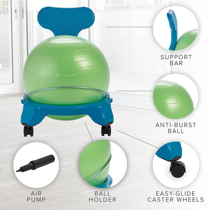 Gaiam Kids Balance Ball Chair - Classic Children's Stability Ball Chair, Alternative School Classroom Flexible Desk Seating for Active Students with Satisfaction Guarantee, Blue/Green - zenfulharmony.com