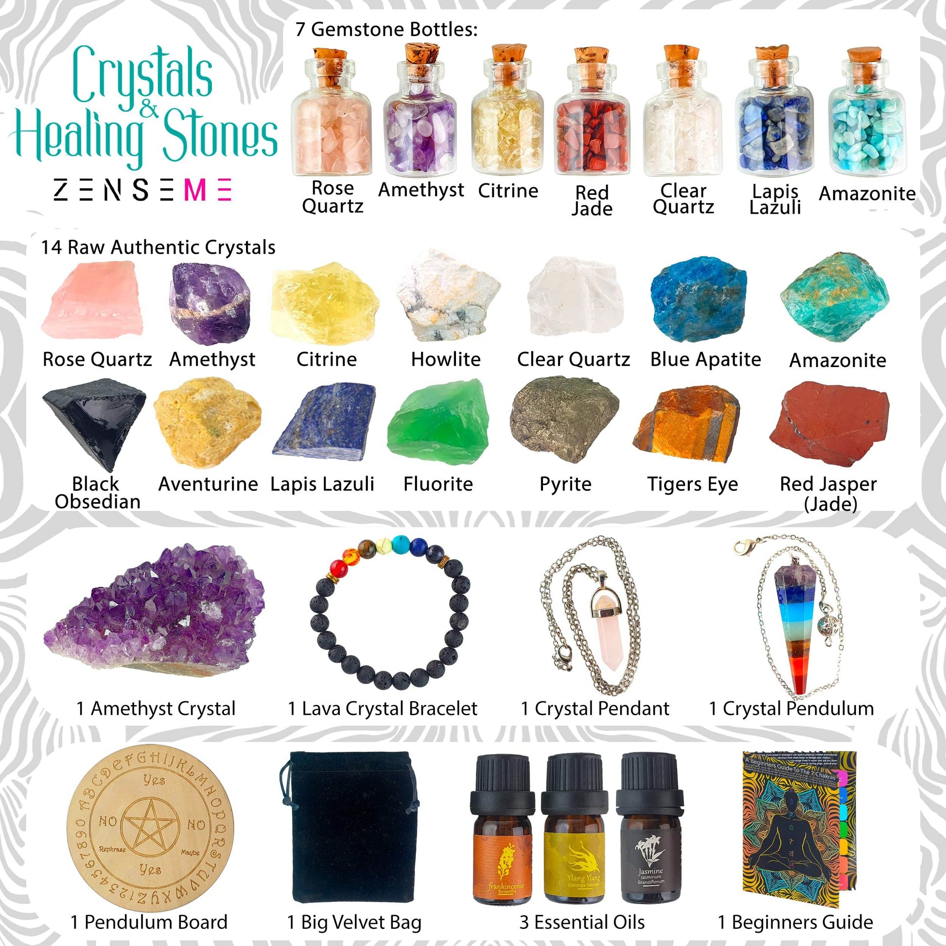 Crystals and Healing Stones Set 31Pcs - Healing Crystals & Stones - 14 Real Raw Chakra Rocks, 7 Gemstones Bottles, 3 Essential Oils,Pendant Necklace, Pendulum Board, Amethyst Cluster, Bracelet & Guide - zenfulharmony.com