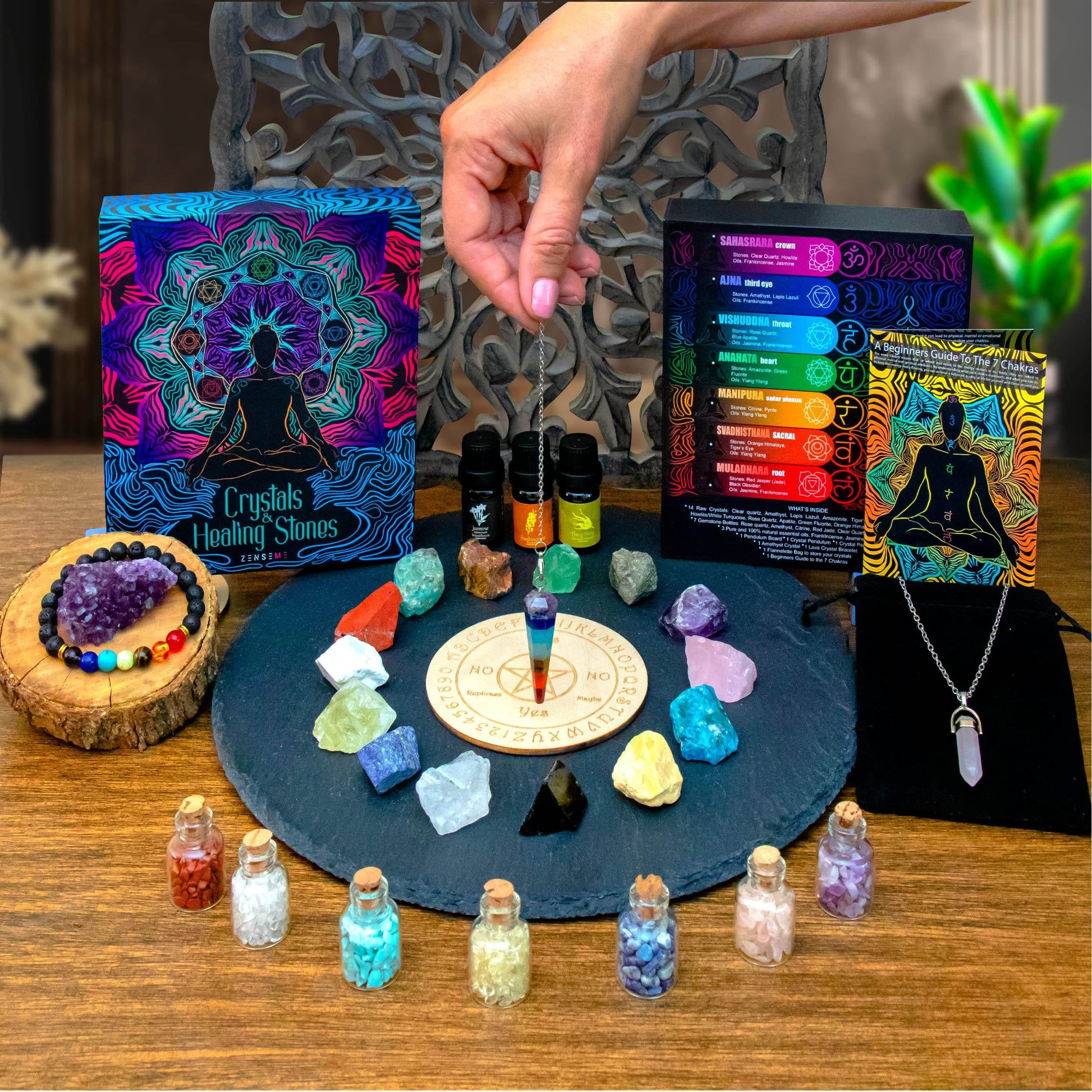 Crystals and Healing Stones Set 31Pcs - Healing Crystals & Stones - 14 Real Raw Chakra Rocks, 7 Gemstones Bottles, 3 Essential Oils,Pendant Necklace, Pendulum Board, Amethyst Cluster, Bracelet & Guide - zenfulharmony.com