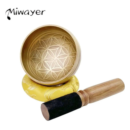 Miwayer Tibetan Brass Singing Bowl Drum Pad Set Flower of Life Design